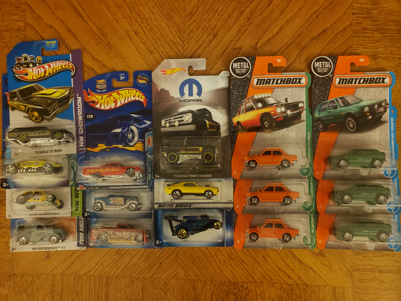 Mooneyes - $2 each, other old mainlines - $1 each, Dodge Power Wagon - $5, Matchbox Datsun 510 Rally (Disc Wheel variation) - $2 each, Matchbox Volkswagen Golf County (Forest Green variation) - $2 each